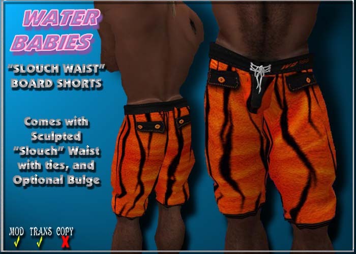 Water Babies - Slouch Waist Board Shorts (Neon Orange Tiger)  