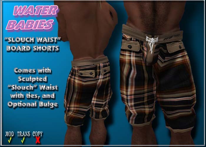 Water Babies - Slouch Waist Board Shorts (Brown Plaid)   
