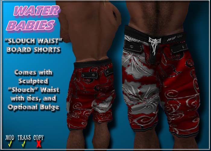 Water Babies - Slouch Waist Board Shorts (Red Hibiscus)   