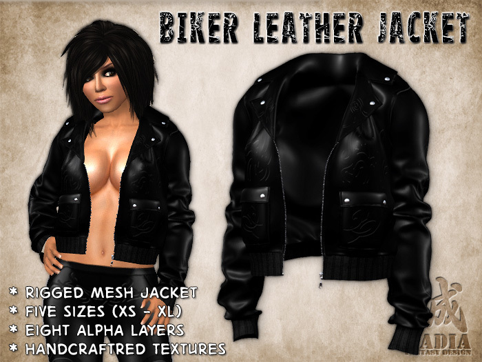 ~Nadia~ Biker Jacket Tribal Black - Rigged Mesh Leather Jacket