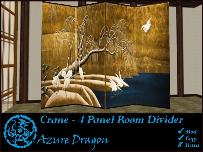 Crane Room Divider Screen 4 Panel (Azure Dragon)