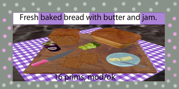 fresh backed bread with butter and grape preserves.