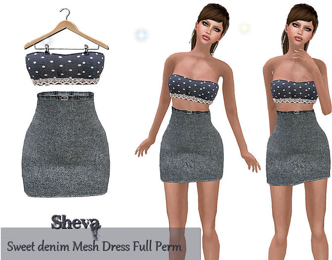***Sheva***Sweet Denim Mesh Dress Full Perm