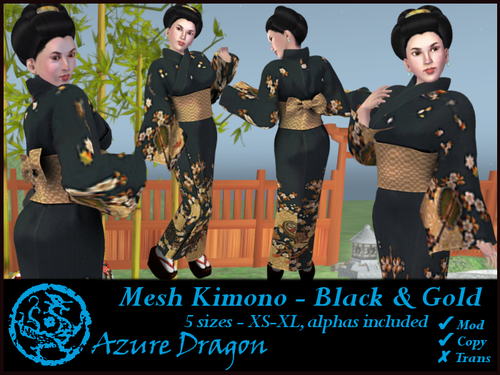*Azure Dragon* Mesh Kimono - Black & Gold 