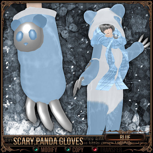 [Mesh] =^.^= Curious Kitties - Scary Panda Gloves - Blue