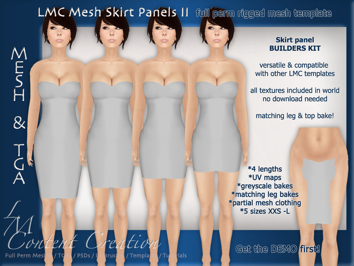 LMC Mesh Templates - Skirt Panels II - fully rigged skirt panel in 4 lengths - Builders Tool Kit