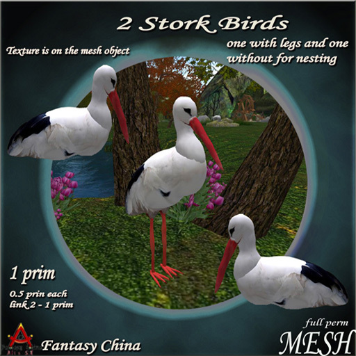 MESH 2 stork birds , one with legs and one without 0.5 prim each full perm 