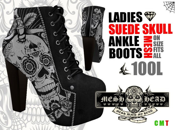 Mesh Head - Suede Skull Ankle Boots