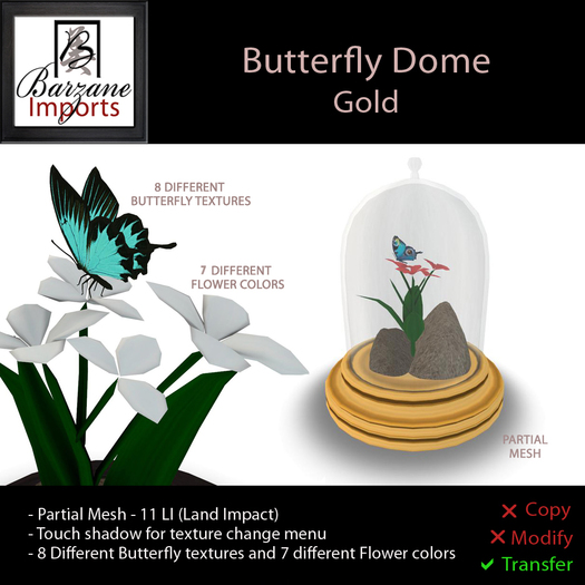 BARZANE Imports - Butterfly Dome Gold Boxed