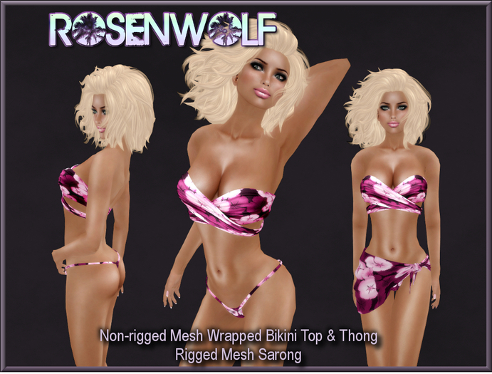 NEW Rosenwolf Mesh Sarong, thong,  & Wrapped top - Berry Hawaiian