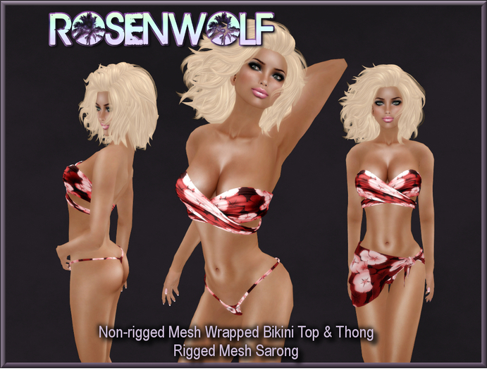 Rosenwolf Mesh Sarong, thong,  & Wrapped top - Berry Hawaiian