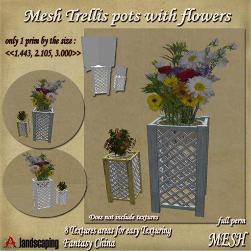 Mesh Trellis pots with flowers 1 prim full perm 