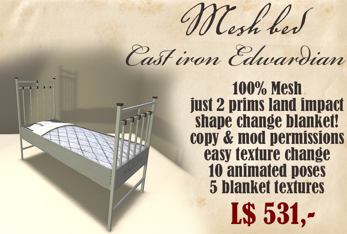 Mesh bed - Cast iron Edwardian - only 2 prim land impact! single bed with animations and shape changing blanket!