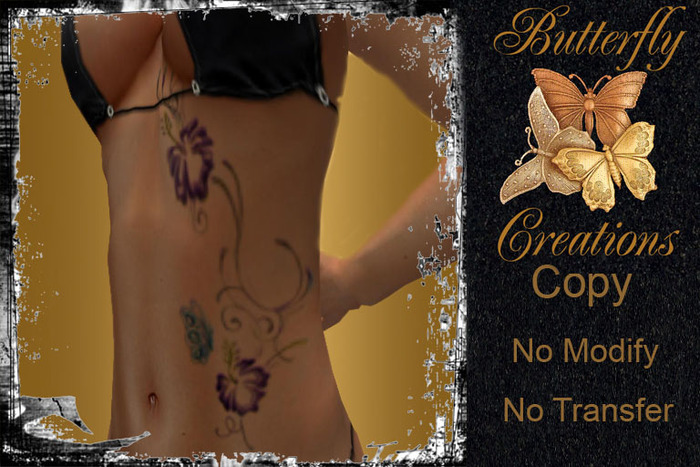 !DnL Designs Tummy Tat2 with flower vines and butterfly in colo