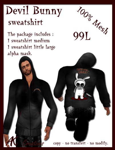 devil bunny hooded sweatshirt 100% Mesh