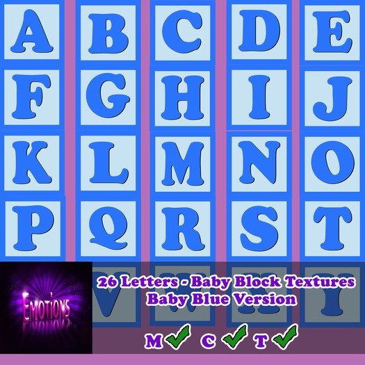 [Emotions Designs] - 26 Baby Block Textures - Baby Blue A-Z - Full Permissions