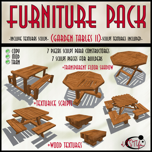 FURNITURE PACK (sculpt garden tables II) 1 PRIM EACH for FULL PERM !!by **aVISTYLe**