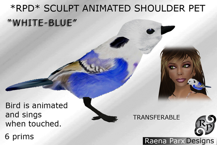 SCULPT ANIMATED SHOULDER PET BIRD: "WHITE-BLUE" - *RPD*