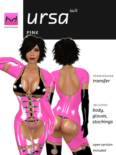 Ursa Suit - Hard Pink & Black Thigh-Length Suit with Bra & Panties - Hugo's Design