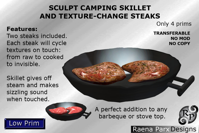 SCULPT CAMPING SKILLET & 2 TEXTURE-CHANGE STEAKS WITH STEAM & SOUND - *RPD*