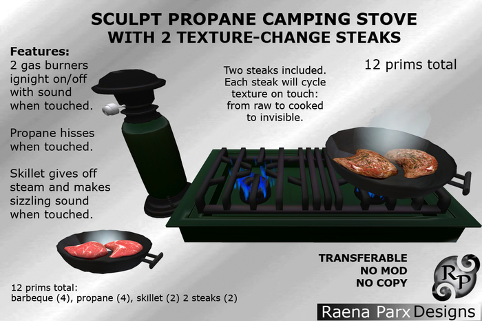 SCULPT SCRIPTED PROPANE CAMPING STOVE WITH STEAKS FOR TABLE TOP - *RPD*