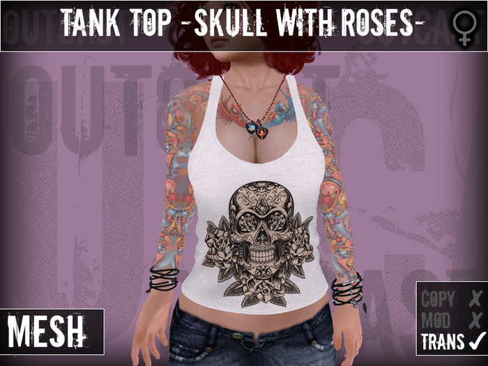 **OC** MESH TankTop SkullWithRoses -White-