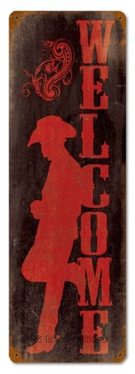 Cowboy Leaning Welcome Tin Sign
