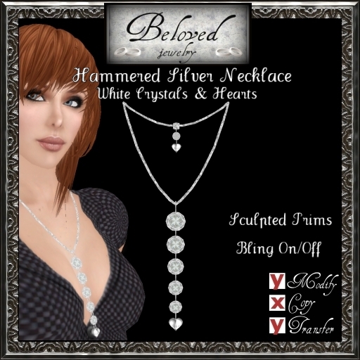 Beloved Jewelry : Hammered Silver Necklace with Hearts (White Crystals)