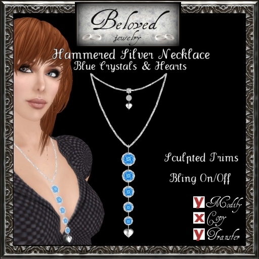 Beloved Jewelry : Hammered Silver Necklace with Hearts (Blue Crystals)