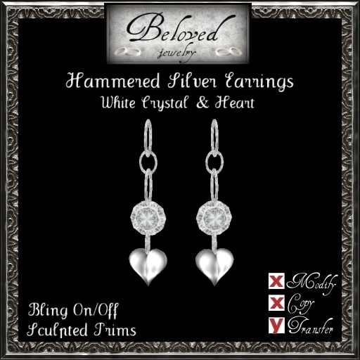 Beloved Jewelry : Hammered Silver Earrings with Heart (White Crystal)