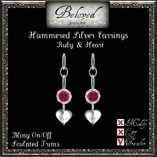 Beloved Jewelry : Hammered Silver Earrings w/ Heart (Ruby Rubies)