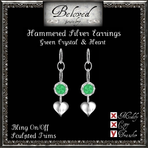 Beloved Jewelry : Hammered Silver Earrings with Heart (Green Crystal)