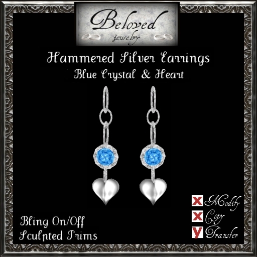 Beloved Jewelry : Hammered Silver Earrings with Heart (Blue Crystal)