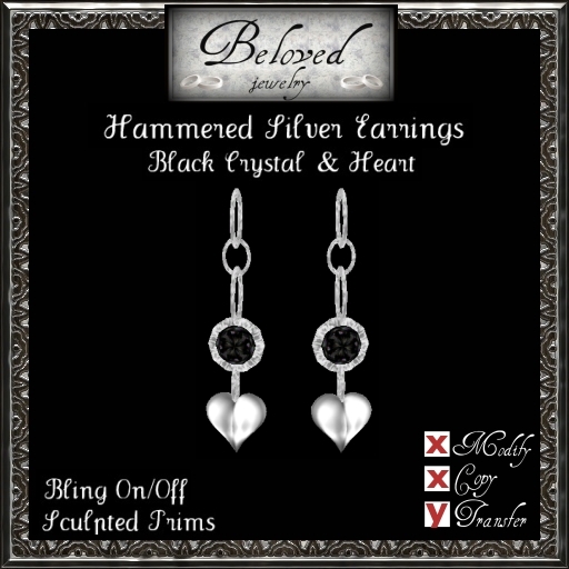 Beloved Jewelry : Hammered Silver Earrings with Heart (Black Crystal)