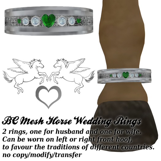 BC Mesh Horse Wedding Rings Emerald -boxed-