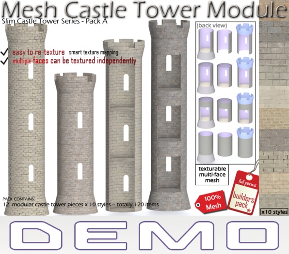 [DEMO] Mesh Slim Castle Tower Module (A) - Full Perm Builders Pack