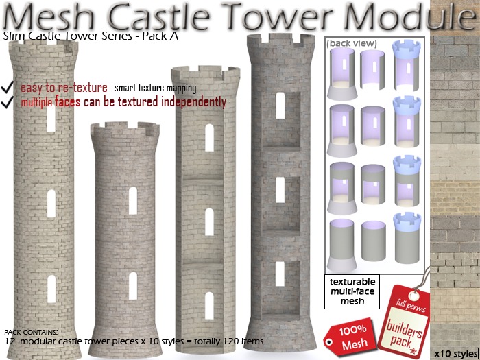 Mesh Slim Castle Tower Module (A) [Full Perm] Builders Pack 
