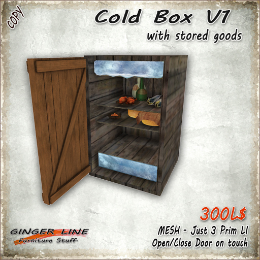 [Ginger Line] Cold Box Full - 3 Prim Medieval Larder with stored food and open/close door on touch - Mesh