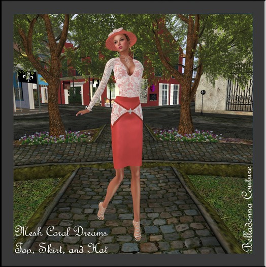 Second Life Marketplace Mesh Coral Dreams Pencil skirt, top, hat (boxed)