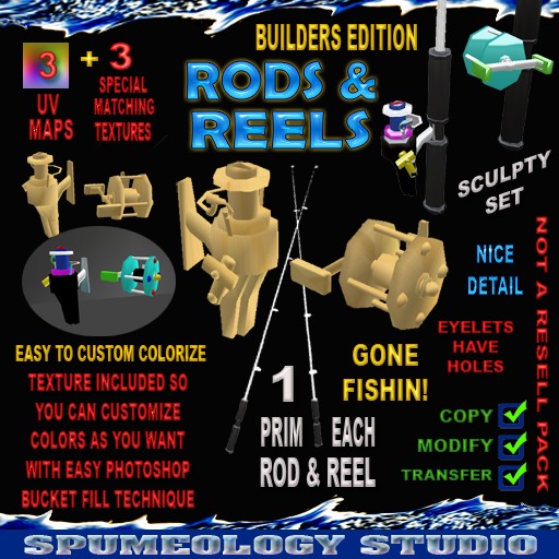 Gone Fishing! Rod and Reels Sculpty UV Maps with Special Customizable Texture