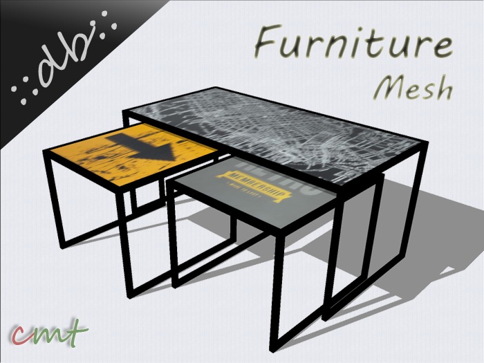::db furniture:: three coffee tables wood and metal printed