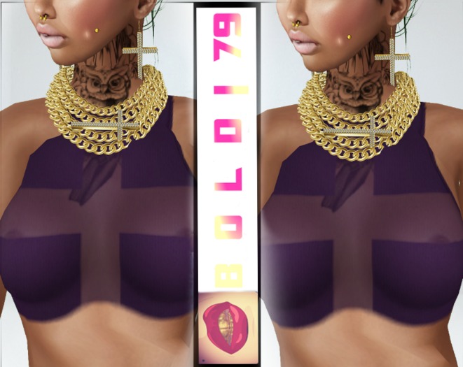.:B79:. Purple SeeThrew Cross Top