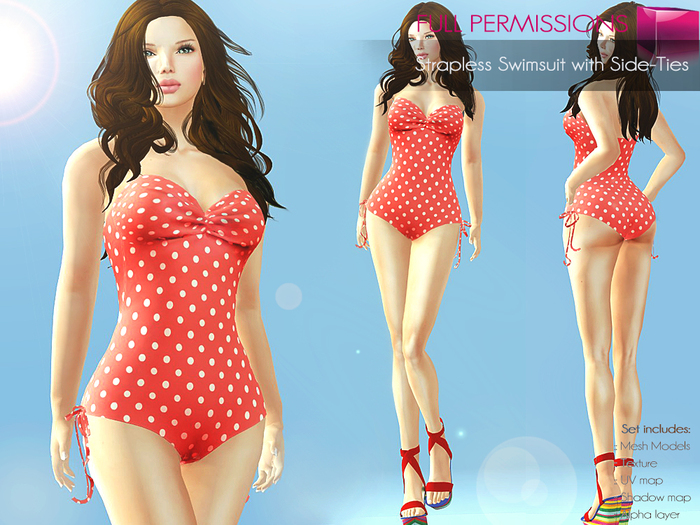 FULL PERM CLASSIC RIGGED MESH Women's Strapless Sweetheart Neck Side Tied Sexy Swimsuit - 4 TEXTURES