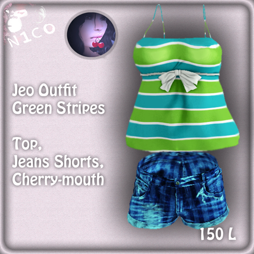 N1CO Jeo Top Green stripes + Jeans shorts BAGGED (mesh)