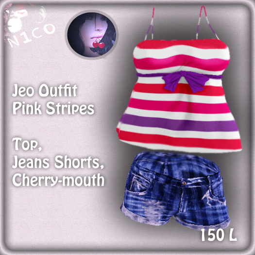 N1CO Jeo Top Pink stripes + Jeans shorts BAGGED (mesh)