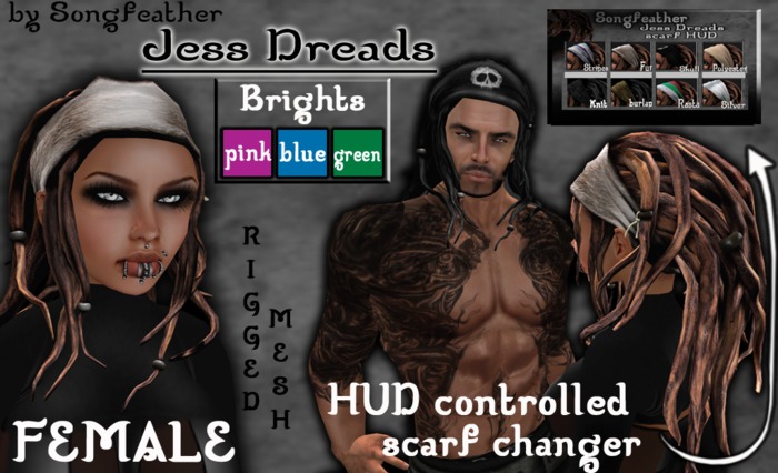 *SongF* Jess rigged mesh FEMALE dreadlocks (brights)