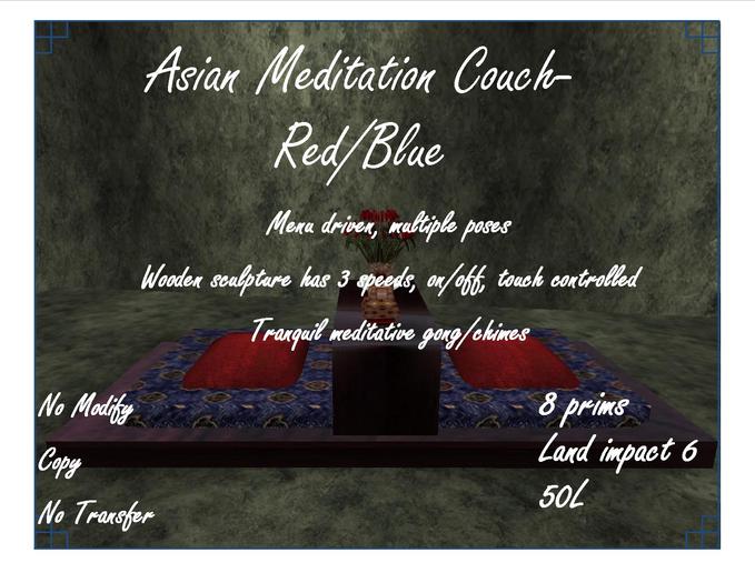 Asian Meditation couch, red/blue cushions