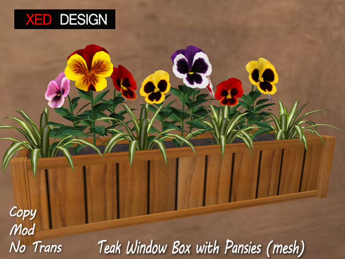 XD Teak Window Box with Pansies (mesh)