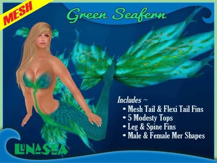 =LunaSea= Mermaid & Merman Tail - Green Seafern