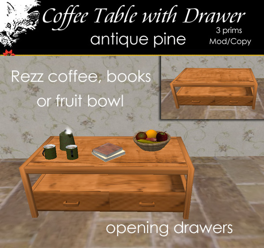 Pestique Coffee Table with Drawers in Antique Pine with Object Rezzer